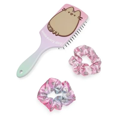 Image of Pusheen Women&#039;s Hair Brush and Scrunchie Set Adults All Over Print Bobble Paddle with 3D Cat Multicoloured Detangling Cushion Band Cartoon Comic Strip Merchandise Gift