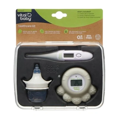 Image of Vital Baby PROTECT Healthcare Kit for 3pcs Room and Bath Thermometer, Nasal Aspirator, Body Digital Thermometer Essential Newborn Health Safety, Design may vary
