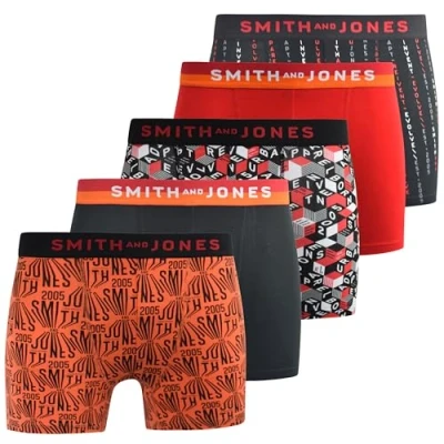 Image of SMITH &amp; JONES mens boxers multipack of 5, stretch cotton men’s boxer shorts, comfortable underpants for men, colourful and black underwear trunks, multi pack man briefs(S, Brevin, Red)