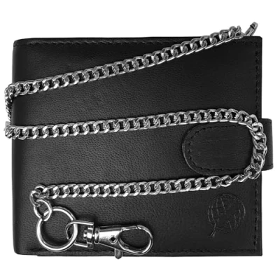 Image of Roamlite R.F.I.D Blocking Mens Leather Wallet 43cm Key Belt Chain 4 Credit Card Slots Buttoned Coin Pouch 11 cm x9.5x2 RL506RFIDX (Black R*F*I*D Boxed)