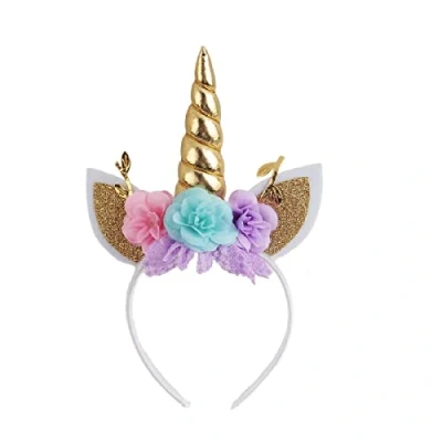 Image of Nishine Unicorn Headband Flower Cat Ear Horn Perfect for Party Supplies Fantasy Favor (Gold)