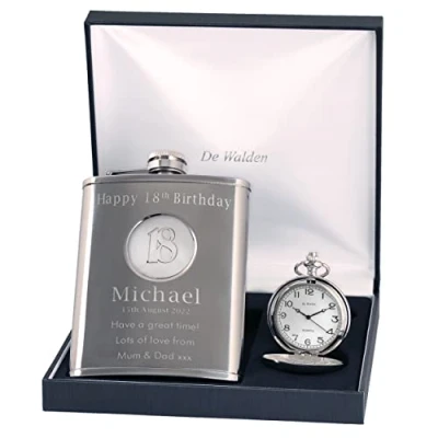 Image of Engraved 18th Birthday 18 Feature Pocket Watch and Hip Flask Gift Set in a Quality Box