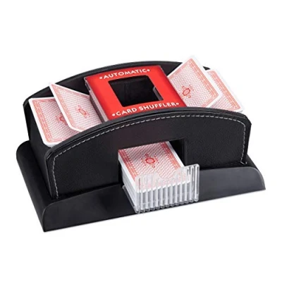 Image of Relaxdays , black card mixer electric, leather, 2 decks, mixing device for cards, shuffling machine, standard, standard playing cards with a size of 6.3 x 9.2 cm