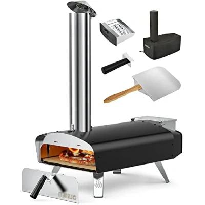 Image of Mimiuo Outdoor Wood &amp; Pellet Fired Pizza Oven for Garden, Black Coated Classic W Series with Stone Foldable Peel