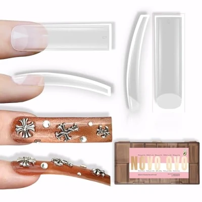 Image of NOVO OVO XXL Shape Square Slight Curved Nail Tips No C Curve, Extra Thick Natural Curve Clear False Nails Press on, Full and Half Cover Soft Gel Extension Fake Acrylic for DIY x 15 Size 240pcs