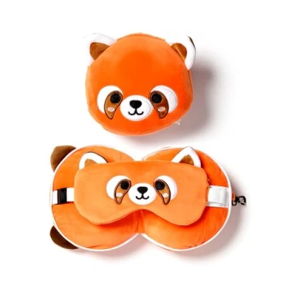 Image of Relaxeazzz Red Panda Round Plush Travel Pillow &amp; Eye Mask Sleep Masks Kids Accessories For Sleeping Airplane Flight Plane Neck Pillows