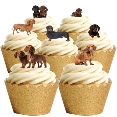 Image of 24 Stand Up Dachshund Sausage Dog Puppy Themed Edible Wafer paper Cake Toppers Decorations