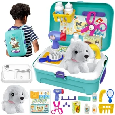 Image of HERSITY Vet Toy Pet Care Kit Role Play Set Grooming Feeding Dog Games Backpack Toys for Kids 3 4 5 Years Old Girls Boys