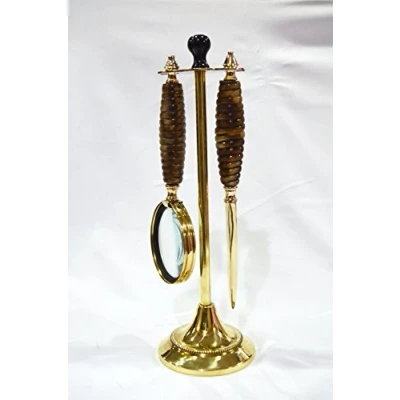 Image of Decorative Brass Magnifying Glass &amp; Letter Opener on Stand Desk Top Set of 2