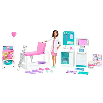 Image of Barbie You Can Be Anything Doll, Fast Cast Clinic Playset with Brunette Press Dough for and Bandage Wrap, 30 Doll Accessories, Toys Ages 3 Up, One HFT68