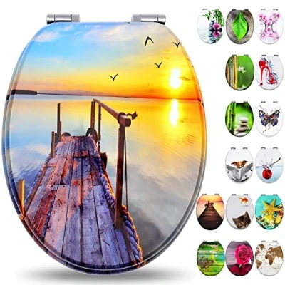 Image of Fanmitrk Wooden Toilet Seat Durable MDF Soft Close in Various Patterns(MDF1810)