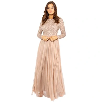 Image of Maya Deluxe Women&#039;s Taupe Blush Embellished Long Sleeve Maxi Dress Bridesmaid, 8