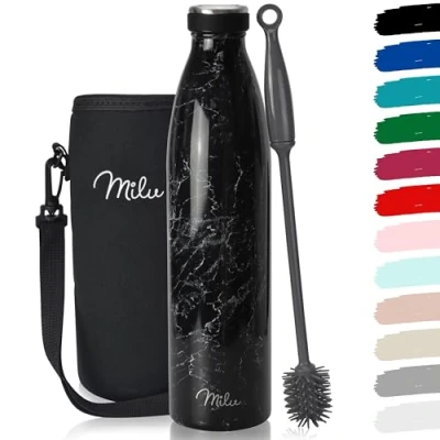 Image of Milu Stainless Steel Drinking Bottle 350ml 500ml 750ml 1L 1,5L Thermo Insulated Water Bottle, Leak Proof Double Walled, Carbonated incl. Cleaning Brush (Granite Black, 1L)