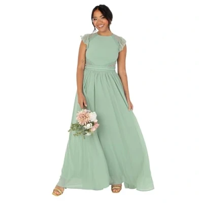 Image of Maya Deluxe Womens Ladies Maxi Crew Neckline Short Flutter Sleeve Lace Trim A line for Wedding Guest Evening Prom Ball Gown Dress, Deep Sage, 14 UK