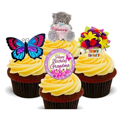 Image of Made4You Happy Birthday Grandma Edible Cupcake Toppers Stand up Wafer Cake Decorations (Pack of 24)