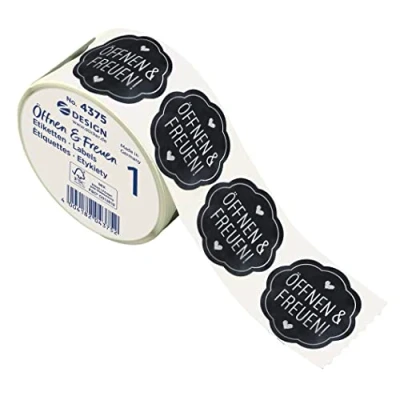 Image of AVERY Zweckform 600 Stickers Open and Enjoy (Made in Germany, Diameter 38 mm, Black Gift Stickers, Silver Lettering, Self Adhesive Decoration, Cards, Bags, Vouchers) on Roll, 4375