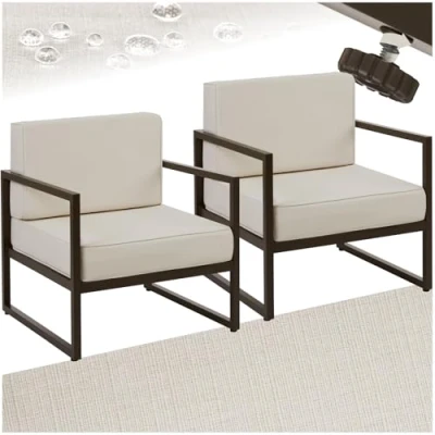 Image of tectake® Set of 2 Garden Chairs in Modern Minimalist Design, Armchair with Thick Cushions, Robust Steel Frame &amp; Water Repellent Covers, Ideal Lounge Chair for Patio, Balcony Furniture