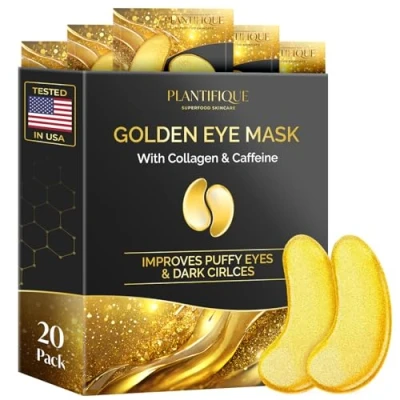 Image of Plantifique Under Eye Gel Patches, 20 Pairs Gold Patches for Dark Circles with Collagen &amp; Caffeine, Cooling Mask Puffy Eyes and Bags, Pads, Masks Skincare