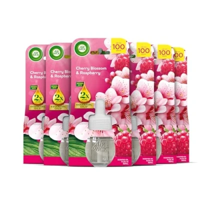 Image of Air Wick Cherry Blossom &amp; Raspberry Liquid Electrical Single Refills 6x19ml, Lasts for up to 100 days, Freshener