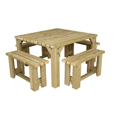 Image of Arbor Garden Solutions Wooden picnic table with four benches set, Quadrum patio furniture (Natural light green)