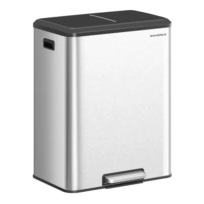 Image of SONGMICS Kitchen Bin, 2 x 8 Gal. (2 30 L) Double Rubbish Bin for Recycling and Waste, Inner Buckets, Stainless Steel, Soft Close Lid, Wide Sturdy Pedal, Metallic Silver LTB556E01