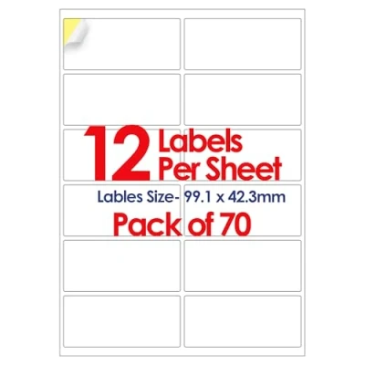 Image of YUNJU A4 Self Adhesive Address Labels, 12 Label Per Sheet, 20 Sheets, (63.5 x 72mm) 240 Labels