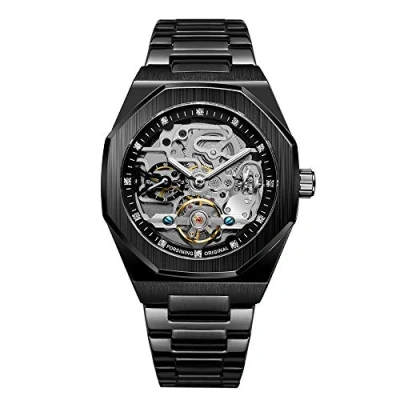 Image of Tourbillon Design Men&#039;s Analog Automatic Stainless Steel Wrist Watch Mechanical Skeleton Male Clock (Black)