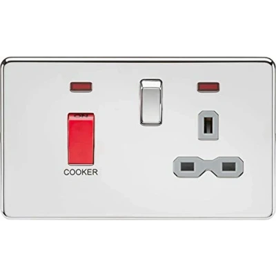 Image of KnightsBridge Screwless 45A DP switch and 13A switched socket with neons polished chrome grey insert