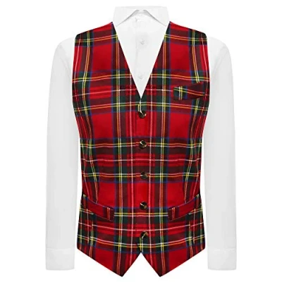 Image of King &amp; Priory Traditional Red Yellow Tartan Check Tailord Fit Waistcoat, Scottish, Stewart, Scotland (3XL 48in Chest)