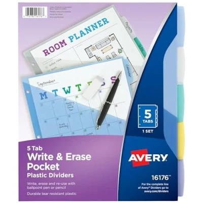 Image of Avery Write &amp; Erase Pocket Plastic Dividers for 3 Ring Binders, 5 Tab Set, Works with Sheet Protectors, Multicolor, 1 Set (16176)
