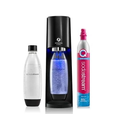 Image of SodaStream E Terra Sparkling Water Maker, Machine &amp; 1L Fizzy Bottle, Retro Drinks Maker w. BPA Free Bottle Quick Connect Co2 Gas for Home Carbonated Black