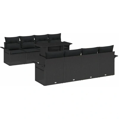 Image of vidaXL 9 Piece Garden Sofa Set with Cushions Black Poly Rattan