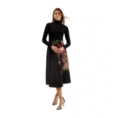 Image of Ted Baker Women&#039;s WMD ASNES Knit Bodice Dress with Printed Wrap Skirt Business Casual, Black, 10
