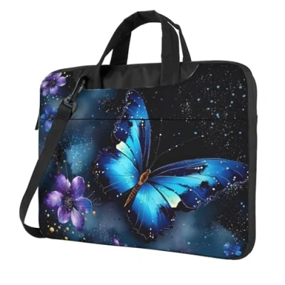 Image of Galaxy Blue Butterfly Laptop Bag for Women Men 15.6&quot; Computer Sleeve Business Travel Briefcase Messenger Bag, Black, 14 inch