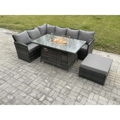 Image of Fimous 7 Seater Rattan Garden Furniture Sets High Back Corner Sofa Fire Pit Dining Table Gas Heater with Big Footstool Dark Grey Mixed