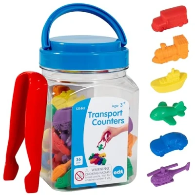 Image of edxeducation Transport Counters Mini Jar Set of 36 Learn Counting, Colours, Sorting and Sequencing Hands on Maths Resource for Early Years