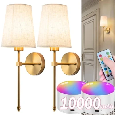 Image of Battery Operated Wall Sconce Set Of Two with Remote Control, Indoor Not Hardwired Dimmable Light Fixture Fabric Linen Shade For Bedroom Living Room, Bulb Included ( C