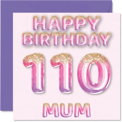 Image of 110th Birthday Card for Mum Pink &amp; Purple Glitter Balloons Happy Cards 110 Year Old Mother from Son Daughter, 145mm x Bday Greeting Gift