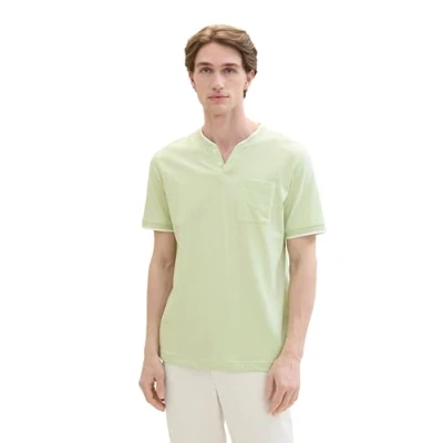 Image of TOM TAILOR Men&#039;s 1041785 Basic Serafino T Shirt with Stripes, 35599 Sea Green Fine, M