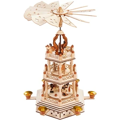 Image of BRUBAKER Christmas Pyramid 3 Tier Rotating Wooden Decoration with Tiers 17.5 inches (44 cm) High Hand Painted Figures Nature Brown