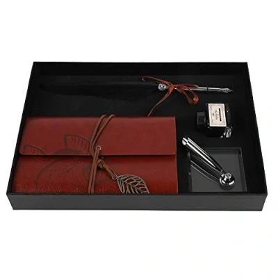 Image of Topiky Quill Pen, Vintage Retro Calligraphy Feather Dip Pen Ink Leather Notebook Set Stationery Gift Box(Black)