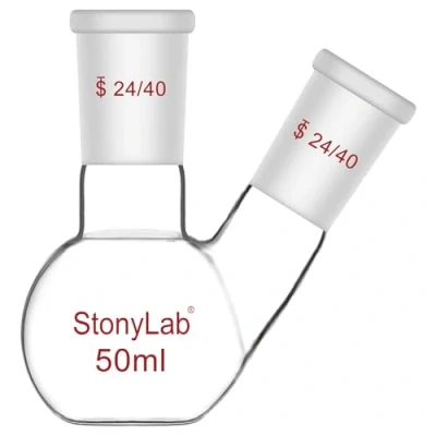 Image of stonylab Flat Bottom Flask FBF, Heavy Wall 2 Neck Lab Borosilicate Glass Boiling with 24/40 Standard Joint, 50 ml