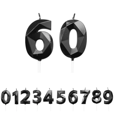 Image of FUZVOL Birthday Candles, Number 60 Candle, Black Candle for Cake, Happy Cake Candles Topper Decorations