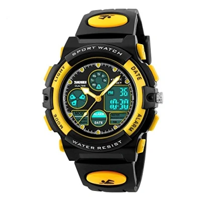 Image of Kids Student Outdoor Waterproof Sports Watches LED Digital Analog Quartz Dual Time Zones Wristwatches for Boy Girl Multifunction Chirldren Fashion Watch (Yellow)