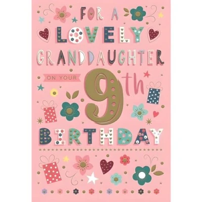 Image of Granddaughter 9th Birthday Card Age 9 Flowers and Stars Special Finishes Made in the UK