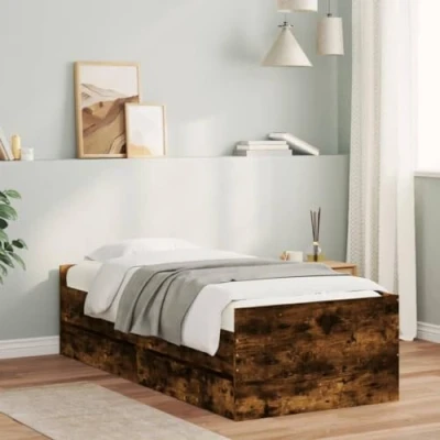 Image of vidaXL Small Single Bed Frame with Underbed Storage Drawers Engineered Wood in Smoked Oak, 75x190 cm for Bedroom