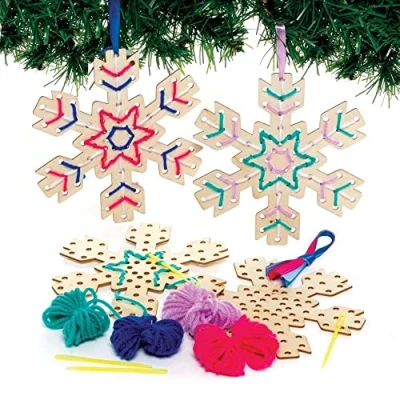 Image of Baker Ross FE863 Snowflake Wooden Threading Decorations Pack of 5, Introduction to for Beginners, Educational Crafts Kids, Ideal Christmas Arts and Project