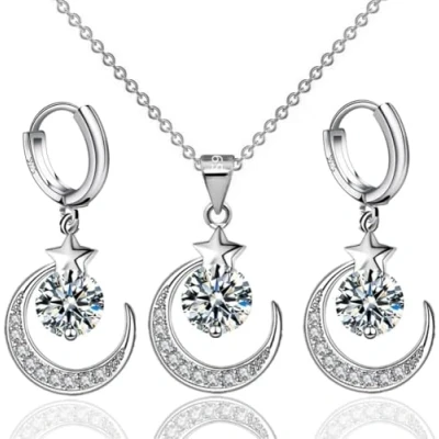 Image of TOFBS Jewellery Set for Women and Girls 925 Sterling Silver Necklace Earrings Heart/Moon Pendant Cubic Zirconia (Moon*Silver)