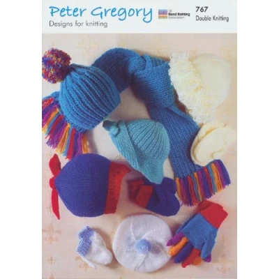 Image of Peter Gregory Double Knitting DK Pattern 767 Baby Hats Scarf Mittens &amp; Gloves