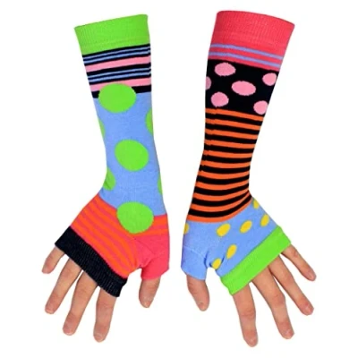 Image of United Oddsocks Arm Warmers Novelty Fingerless Gloves Knit Wrist for Women and Girls, Long Winter Mittens with Thumb Opening Stripes Spots